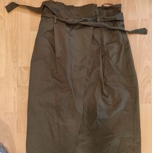 Khaki A-line Cotton Midi Skirt with Front Slit